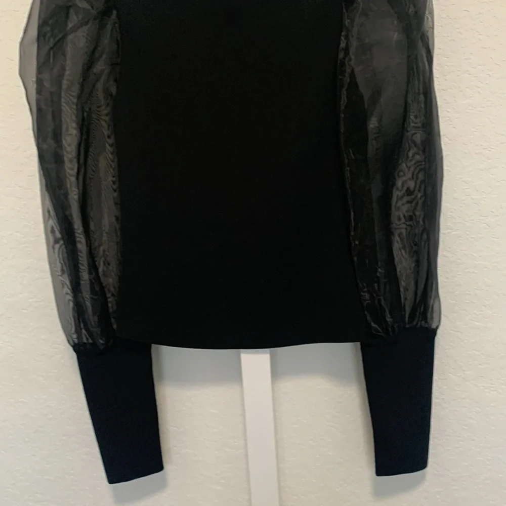 Alice and Olivia Abella Black Sheer Sleeve Puff Shoulder Long Sleeve Top - Picture 5 of 10